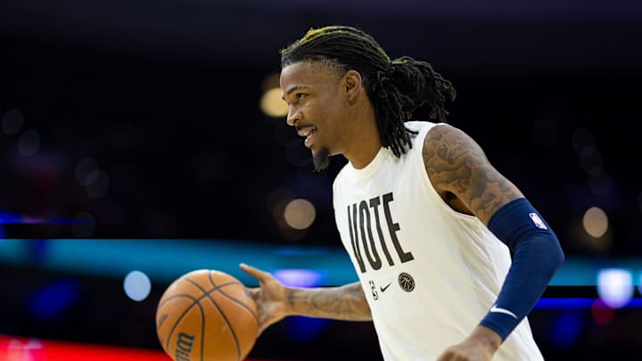 Memphis Grizzlies guard Ja Morant (12) warms up before action against the Philadelphia 76ers at Wells Fargo Center. 