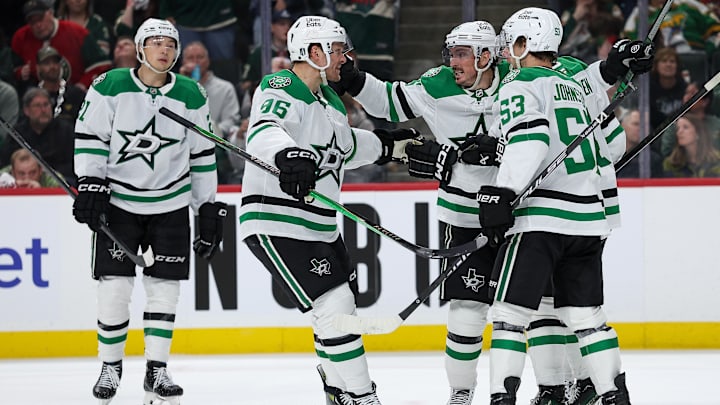 Apr 22, 2026; Saint Paul, Minnesota, USA; Dallas Stars center Matt Duchene (95) celebrates his goal against the Minnesota Wild during the third period in game three of the first round of the 2026 Stanley Cup Playoffs at Grand Casino Arena. Mandatory Credit: Matt Krohn-Imagn Images