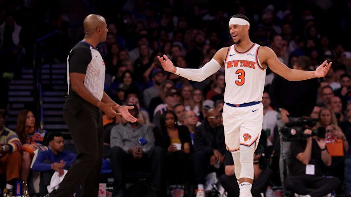 Oct 25, 2024; New York, New York, USA; New York Knicks guard Josh Hart (3) reacts to a call by referee John Butler (30) during the third quarter against the Indiana Pacers at Madison Square Garden. Mandatory Credit: Brad Penner-Imagn Images