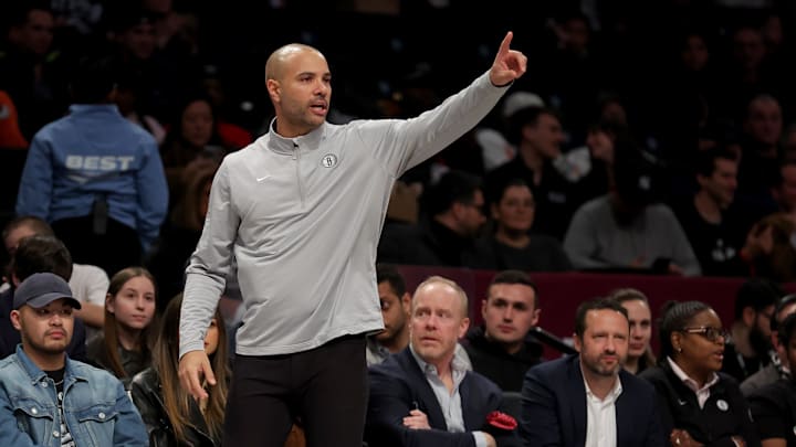 Apr 10, 2025; Brooklyn, New York, USA; Brooklyn Nets head coach Jordi Fernandez coaches against the Atlanta Hawks during the second quarter at Barclays Center. Mandatory Credit: Brad Penner-Imagn Images