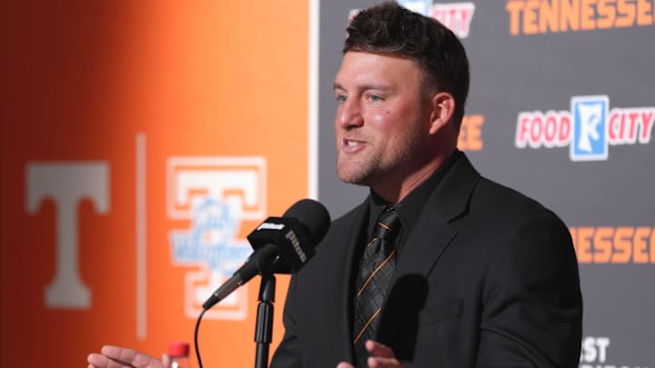 Josh Elander fields questions from the media after he was formally introduced as Tennessee’s new baseball coach on October 27, 2025, in Knoxville, Tenn. Josh Elander fields questions from the media after he was formally introduced as Tennessee’s new baseball coach on October 27, 2025, in Knoxville, Tenn.