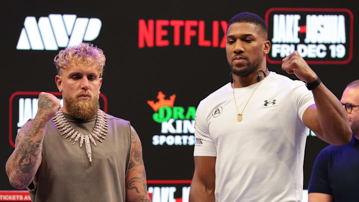 Nov 21, 2025; Miami, Florida, UNITED STATES; Jake Paul and Anthony Joshua face off after a press conference announcing their heavyweight boxing match at Kayesa Center. Mandatory Credit: Sam Navarro-Imagn Images Nov 21, 2025; Miami, Florida, UNITED STATES; Jake Paul and Anthony Joshua face off after a press conference announcing their heavyweight boxing match at Kayesa Center. Mandatory Credit: Sam Navarro-Imagn Images