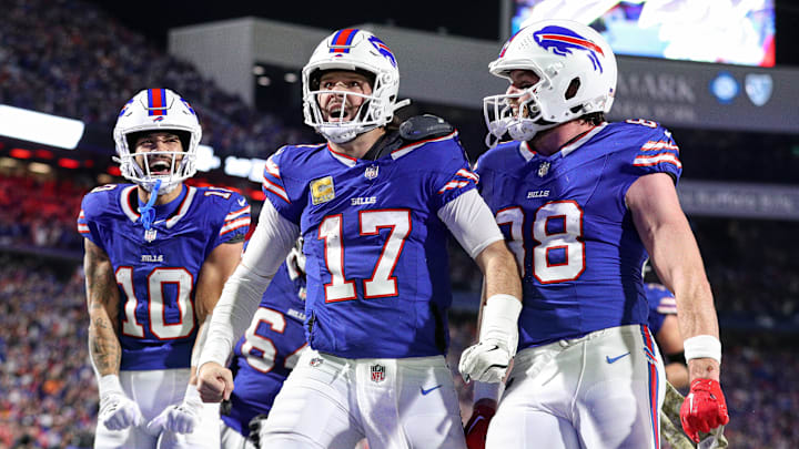 Josh Allen, Dawson Knox, and Khalil Shakir celebrate during the Buffalo Bills' Week 11 win over the Kansas City Chiefs
