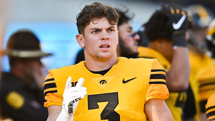 Oct 21, 2023; Iowa City, Iowa, USA; Iowa Hawkeyes defensive back Cooper DeJean (3) reacts during the