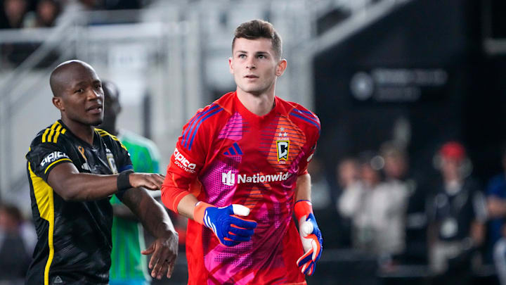 Sep 7, 2024; Columbus, OH, USA; Columbus Crew midfielder Sean Zawadzki (25) takes the field as goaltender in the first half at Lower.com Field.