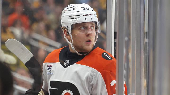 Apr 27, 2026; Pittsburgh, Pennsylvania, USA;  Philadelphia Flyers defenseman Emil Andrae (36) watches a scoreboard replay as he enters the penalty box on a tripping infraction against the Pittsburgh Penguins during the third period in game five of the first round of the 2026 Stanley Cup Playoffs at PPG Paints Arena. 
