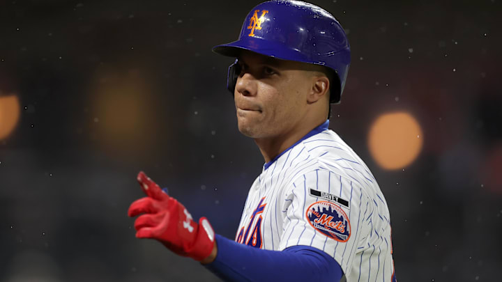 Apr 29, 2026; New York City, New York, USA; New York Mets designated hitter Juan Soto (22) points into the stands after flying out during the seventh inning against the Washington Nationals at Citi Field. Mandatory Credit: Brad Penner-Imagn Images