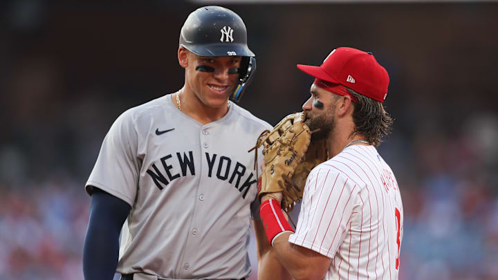 New York Yankees outfielder Aaron Judge with Philadelphia Phillies first baseman Bryce Harper.