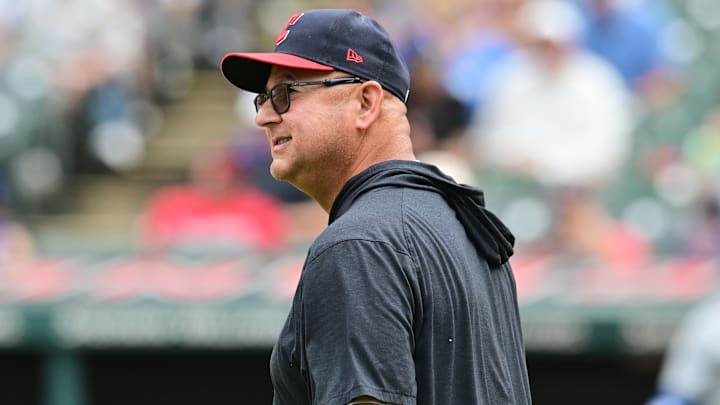 Aug 24, 2023; Cleveland, OH, USA; Cleveland Guardians manager Terry Francona walks out to relieve pitcher Tim Herrin (not pictured) during the eighth inning against the Los Angeles Dodgers at Progressive Field. Mandatory Credit: Ken Blaze-Imagn Images