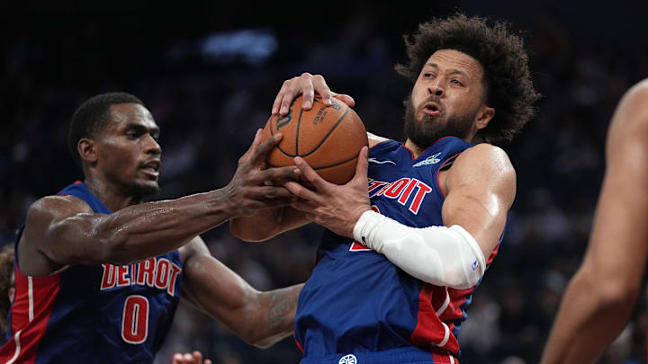 Jan 30, 2026; San Francisco, California, USA; Detroit Pistons guard Cade Cunningham (2) holds onto a rebound next to center Jalen Duren (0) against the Golden State Warriors in the fourth quarter at the Chase Center. Mandatory Credit: Cary Edmondson-Imagn Images Jan 30, 2026; San Francisco, California, USA; Detroit Pistons guard Cade Cunningham (2) holds onto a rebound next to center Jalen Duren (0) against the Golden State Warriors in the fourth quarter at the Chase Center. Mandatory Credit: Cary Edmondson-Imagn Images