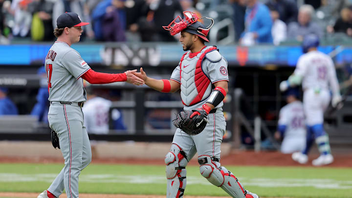 Apr 30, 2026; New York City, New York, USA; Washington Nationals pitcher Gus Varland (47) and catcher Keibert Ruiz (20) celebrate after defeating the New York Mets at Citi Field. Mandatory Credit: Brad Penner-Imagn Images