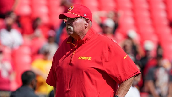 Sep 15, 2024; Kansas City, Missouri, USA; Kansas City Chiefs head coach Andy Reid watches team warms up against the Cincinnati Bengals prior to a game at GEHA Field at Arrowhead Stadium. Mandatory Credit: Denny Medley-Imagn Images