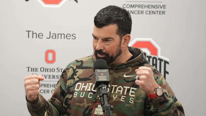 Ohio State Football coach Ryan Day gestures during an April 7, 2025 news conference at the Woody Hayes Athletic Center.