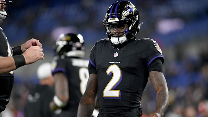 Nov 16, 2023; Baltimore, Maryland, USA; Baltimore Ravens quarterback Tyler Huntley (2) warms up before a game against the Cincinnati Bengals at M&T Bank Stadium. Mandatory Credit: Tommy Gilligan-Imagn Images