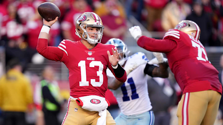 Jan 22, 2023; Santa Clara, California, USA; San Francisco 49ers quarterback Brock Purdy (13) throws during the first quarter of a NFC divisional round game against the Dallas Cowboys at Levi's Stadium. Mandatory Credit: Kyle Terada-Imagn Images