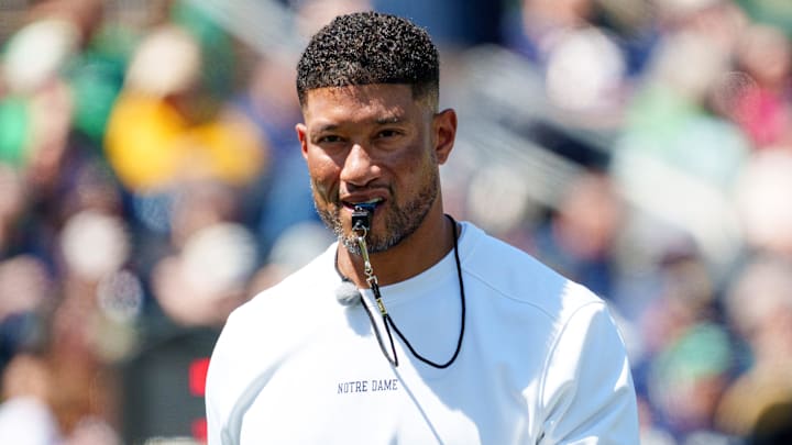 Notre Dame head coach Marcus Freeman during the Blue-Gold spring game at Notre Dame Stadium on Saturday, April 25, 2026, in South Bend.