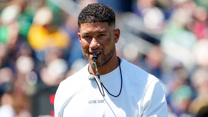 Notre Dame head coach Marcus Freeman during the Blue-Gold spring game at Notre Dame Stadium on Saturday, April 25, 2026, in South Bend. Notre Dame head coach Marcus Freeman during the Blue-Gold spring game at Notre Dame Stadium on Saturday, April 25, 2026, in South Bend.