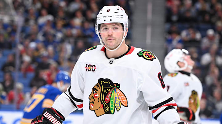 Nov 21, 2025; Buffalo, New York, USA; Chicago Blackhawks center Ryan Donato (8) on the ice against the Buffalo Sabres in the third period at KeyBank Center. Mandatory Credit: Mark Konezny-Imagn Images