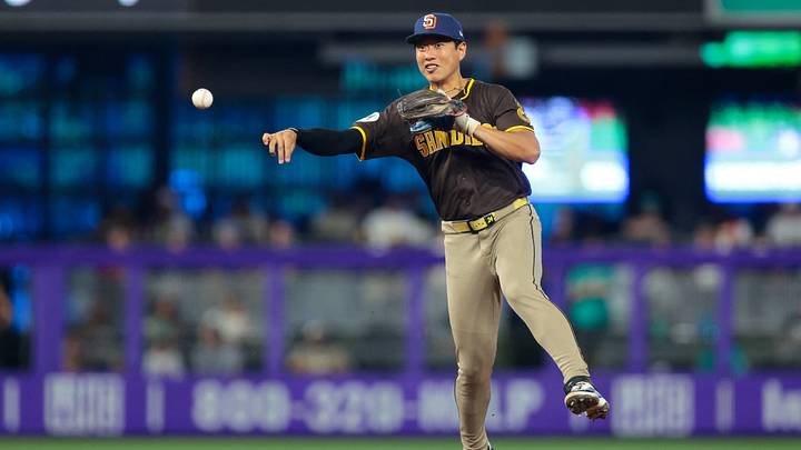 Jul 26, 2026; Miami, Florida, USA; San Diego Padres second baseman Sung-Mun Song (24) throws to first base to retire Miami Marlins third baseman Javier Sanoja (not pictured) during the ninth inning at loanDepot Park. Mandatory Credit: Sam Navarro-Imagn Images