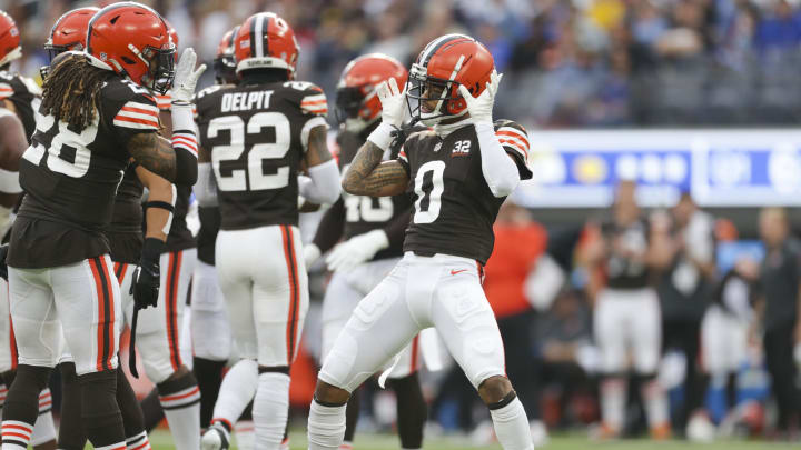 Dec 3, 2023; Inglewood, California, USA; Cleveland Browns center back Greg Newsome II (0) celebrates