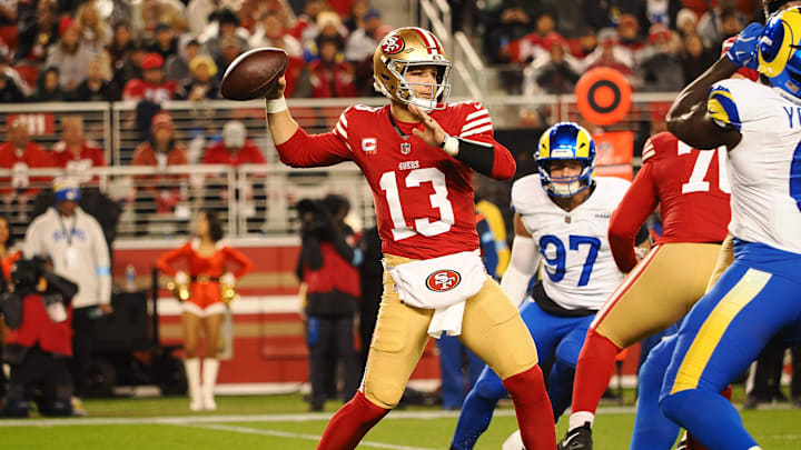 Dec 12, 2024; Santa Clara, California, USA; San Francisco 49ers quarterback Brock Purdy (13) throws the ball against the Los Angeles Rams during the first quarter at Levi's Stadium. Mandatory Credit: Kelley L Cox-Imagn Images Dec 12, 2024; Santa Clara, California, USA; San Francisco 49ers quarterback Brock Purdy (13) throws the ball against the Los Angeles Rams during the first quarter at Levi's Stadium. Mandatory Credit: Kelley L Cox-Imagn Images