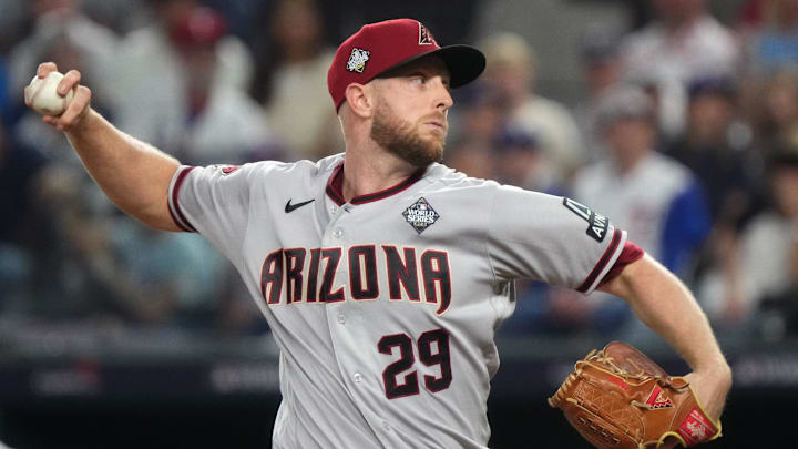 Arizona Diamondbacks starting pitcher Merrill Kelly (29) throws a pitch against the Texas Rangers during the first inning in game two of the 2023 World Series at Globe Life Field on Oct. 28, 2023, Arlington, Texas. Arizona Diamondbacks starting pitcher Merrill Kelly (29) throws a pitch against the Texas Rangers during the first inning in game two of the 2023 World Series at Globe Life Field on Oct. 28, 2023, Arlington, Texas.
