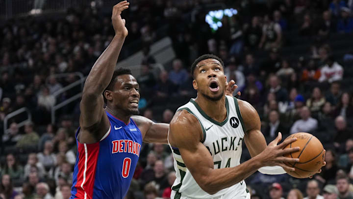 Nov 13, 2024; Milwaukee, Wisconsin, USA; Milwaukee Bucks forward Giannis Antetokounmpo (34) drives for the basket during the first quarter against the Detroit Pistons at Fiserv Forum. Mandatory Credit: Jeff Hanisch-Imagn Images Nov 13, 2024; Milwaukee, Wisconsin, USA; Milwaukee Bucks forward Giannis Antetokounmpo (34) drives for the basket during the first quarter against the Detroit Pistons at Fiserv Forum. Mandatory Credit: Jeff Hanisch-Imagn Images