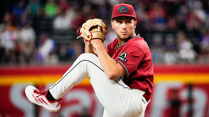 Apr 5, 2026; Phoenix, Arizona, USA; Arizona Diamondbacks pitcher Brandon Pfaadt (32) pitches during the first inning at Chase Field against the Atlanta Braves. Mandatory Credit: Arianna Grainey-Imagn Images