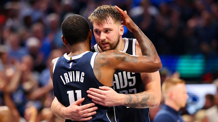 May 11, 2024; Dallas, Texas, USA; Dallas Mavericks guard Luka Doncic (77) celebrates with Dallas Mavericks guard Kyrie Irving (11) during the second half against the Oklahoma City Thunder during game three of the second round for the 2024 NBA playoffs at American Airlines Center. Mandatory Credit: Kevin Jairaj-Imagn Images