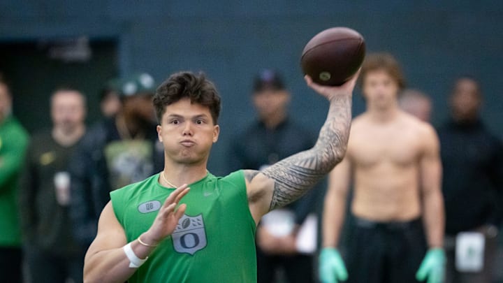 Oregon quarterback Dillon Gabriel throws out a pass during the Oregon football’s Pro Day Tuesday, March 18, 2025, at the Moshofsky Center in Eugene, Ore. Oregon quarterback Dillon Gabriel throws out a pass during the Oregon football’s Pro Day Tuesday, March 18, 2025, at the Moshofsky Center in Eugene, Ore.