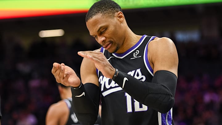 Feb 4, 2026; Sacramento, California, USA; Sacramento Kings guard Russell Westbrook (18) reacts to a call during the third quarter against the Memphis Grizzlies at Golden 1 Center. Mandatory Credit: Ed Szczepanski-Imagn Images