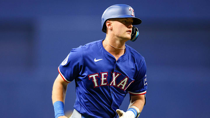Apr 1, 2024; St. Petersburg, Florida, USA;  Texas Rangers third baseman Josh Jung (6) runs the bases