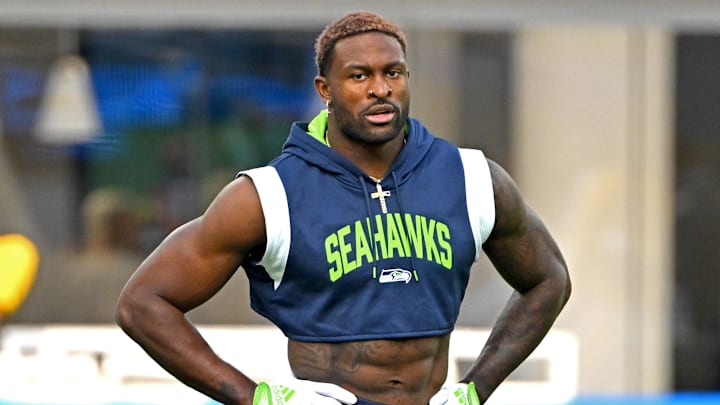 Oct 23, 2022; Inglewood, California, USA;  Seattle Seahawks wide receiver DK Metcalf (14) warms up prior to the game against the Los Angeles Chargers at SoFi Stadium. Mandatory Credit: Jayne Kamin-Oncea-Imagn Images