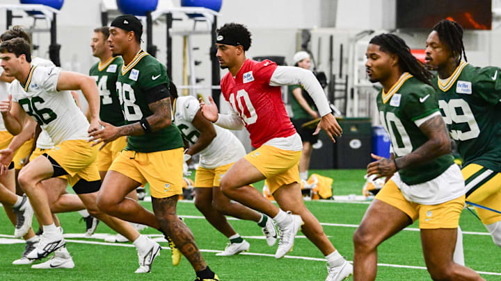 Green Bay Packers quarterback Jordan Love (10) participates in the team's minicamp at Ray Nitschke Field. 