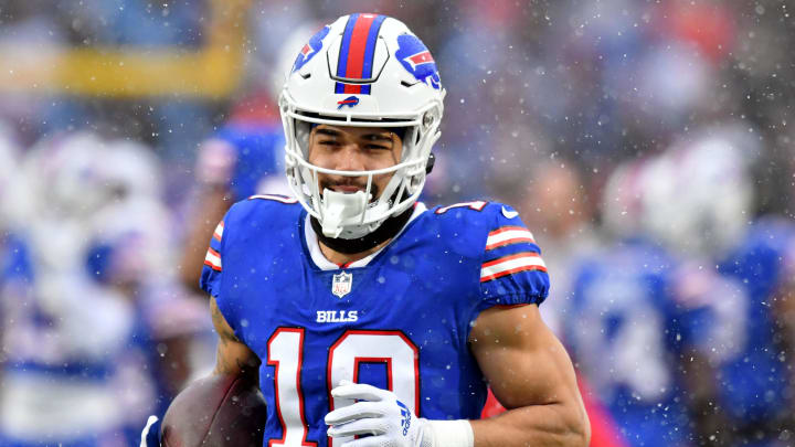 Jan 22, 2023; Orchard Park, New York, USA; Buffalo Bills wide receiver Khalil Shakir (10) during warmups before an AFC divisional round game between the Buffalo Bills and the Cincinnati Bengals at Highmark Stadium. Mandatory Credit: Mark Konezny-USA TODAY Sports