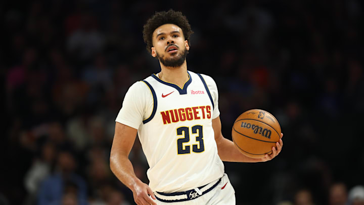 Mar 24, 2026; Phoenix, Arizona, USA; Denver Nuggets forward Cameron Johnson (23) against the Phoenix Suns at Mortgage Matchup Center. Mandatory Credit: Mark J. Rebilas-Imagn Images