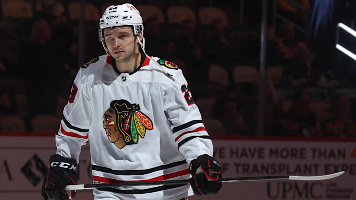 Apr 8, 2025; Pittsburgh, Pennsylvania, USA;  Chicago Blackhawks center Philipp Kurashev (23) warms up before the game against the Pittsburgh Penguins at PPG Paints Arena. Mandatory Credit: Charles LeClaire-Imagn Images