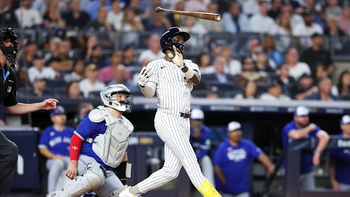 Oct 7, 2025; Bronx, New York, USA; New York Yankees second baseman Jazz Chisholm Jr. (13) hits a solo home run in the fifth inning against the Toronto Blue Jays during game three of the ALDS round for the 2025 MLB playoffs at Yankee Stadium. Mandatory Credit: Wendell Cruz-Imagn Images Oct 7, 2025; Bronx, New York, USA; New York Yankees second baseman Jazz Chisholm Jr. (13) hits a solo home run in the fifth inning against the Toronto Blue Jays during game three of the ALDS round for the 2025 MLB playoffs at Yankee Stadium. Mandatory Credit: Wendell Cruz-Imagn Images