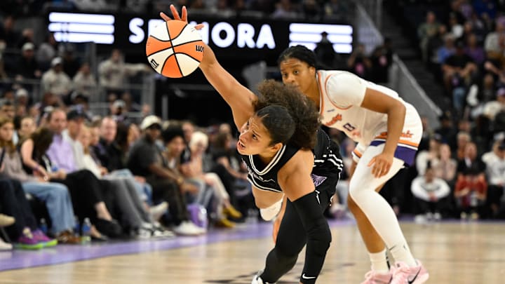 Aug 19, 2025; San Francisco, California, USA; Golden State Valkyries guard Veronica Burton (22) gets fouled by Phoenix Mercury guard Monique Akoa Makani (8) in the fourth quarter at Chase Center. Mandatory Credit: Eakin Howard-Imagn Images