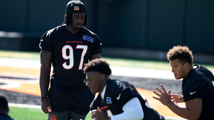Bengals defensive end Shemar Stewart looks on during the Bengals Rookie Mini Camp on Friday, May 9, 2025 at Paycor Stadium in Cincinnati.