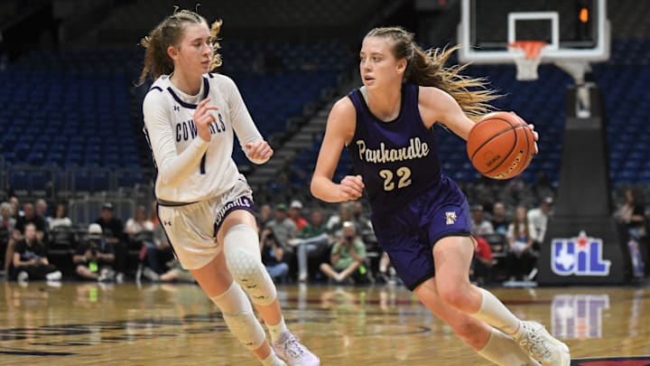 Panhandle's Riley Segura dribbles against Mason in the Class 2A Division I state championship girls basketball game Thursday, March 5, 2026, at the Alamodome in San Antonio.
