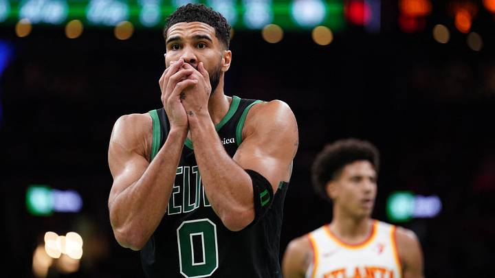 Nov 12, 2024; Boston, Massachusetts, USA; Boston Celtics forward Jayson Tatum (0) reacts after being called for a foul against the Atlanta Hawks in the second quarter at TD Garden. Mandatory Credit: David Butler II-Imagn Images Nov 12, 2024; Boston, Massachusetts, USA; Boston Celtics forward Jayson Tatum (0) reacts after being called for a foul against the Atlanta Hawks in the second quarter at TD Garden. Mandatory Credit: David Butler II-Imagn Images