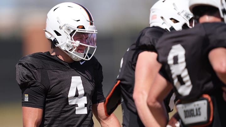 Oklahoma State quarterback Hauss Hejny is pictured during a Spring football practice at Oklahoma State University in Stillwater, Okla., Tuesday, April, 8, 2025. Oklahoma State quarterback Hauss Hejny is pictured during a Spring football practice at Oklahoma State University in Stillwater, Okla., Tuesday, April, 8, 2025.