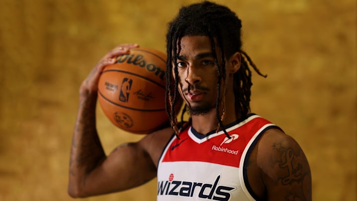 Sep 29, 2025; Washington, DC, USA; Washington Wizards guard Keshon Gilbert (55) poses for a portrait during Wizards Media Day at CareFirst Arena.