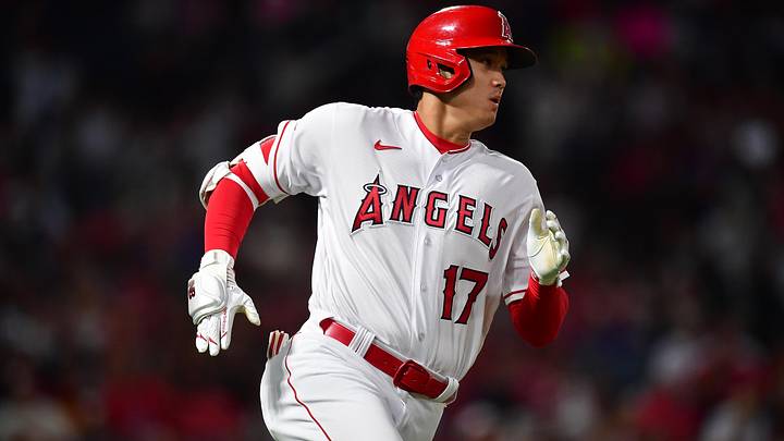 Aug 19, 2023; Anaheim, California, USA; Los Angeles Angels designated hitter Shohei Ohtani (17) runs after hitting a double against the Tampa Bay Rays during the eighth inning at Angel Stadium.