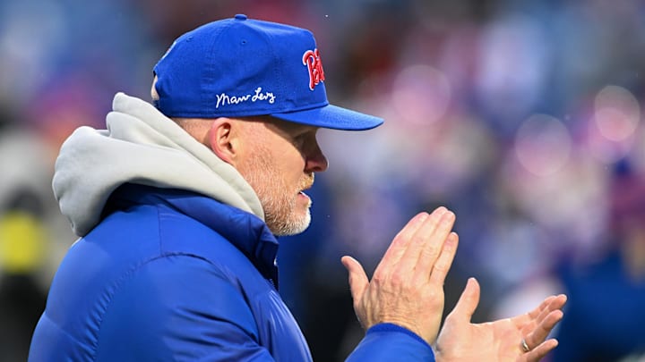 Jan 4, 2026; Orchard Park, New York, USA; Buffalo Bills head coach Sean McDermott looks on during warmups before the game against the New York Jets at Highmark Stadium. Mandatory Credit: Mark Konezny-Imagn Images