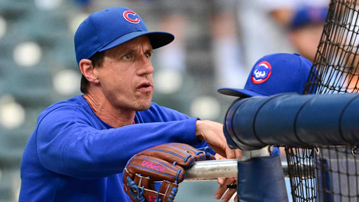 Chicago Cubs manager Craig Counsell looks on during batting practice before game against the Milwaukee Brewers at American Family Field. Chicago Cubs manager Craig Counsell looks on during batting practice before game against the Milwaukee Brewers at American Family Field.