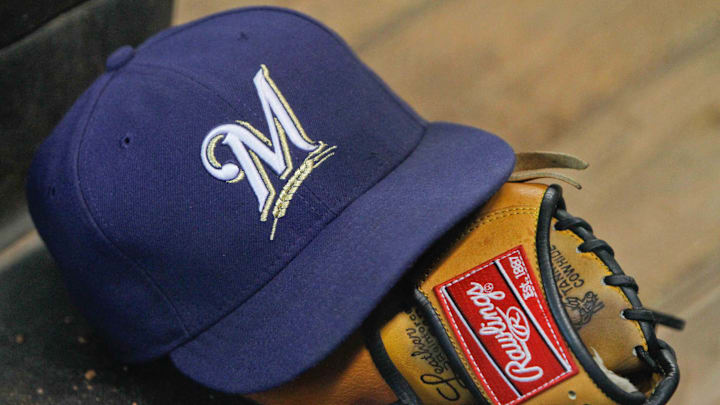 July 7, 2012; Houston, TX, USA; Milwaukee Brewers hat and glove in dugout during a game against the Houston Astros in the third inning at Minute Maid Park. Mandatory Credit: Brett Davis-Imagn Images
