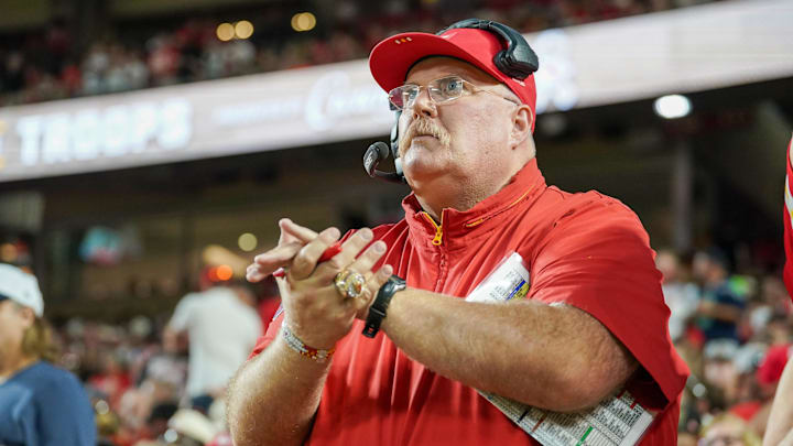 Aug 22, 2025; Kansas City, Missouri, USA; A Kansas City Chiefs head coach Andy Reid lookalike fan watches play against the Chicago Bears during the game at GEHA Field at Arrowhead Stadium. Mandatory Credit: Denny Medley-Imagn Images