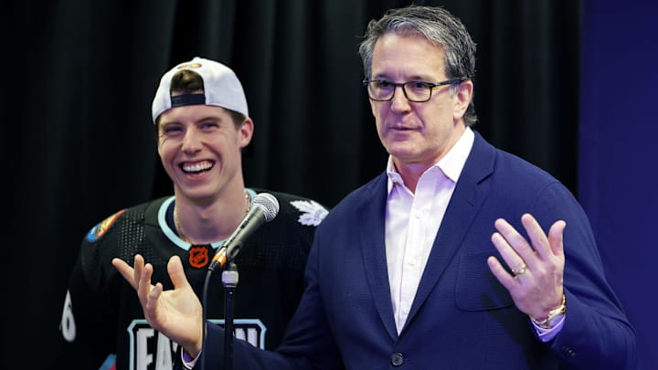 Feb 4, 2023; Sunrise, Florida, USA; Toronto Maple Leafs president Brendan Shanahan announces the location of the 2024 NHL All-Star game will be in Toronto before the 2023 NHL All-Star Game at FLA Live Arena. Mandatory Credit: Sam Navarro-Imagn Images
